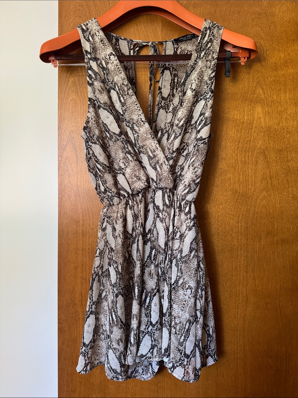 Sleeveless Snake-Print V-Neck Romper in Brown and Cream